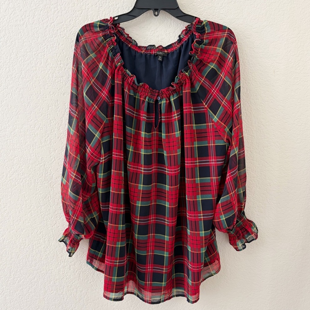 Talbots Petites Plaid Blouse Top Size 3XP Long Sleeves Red Black